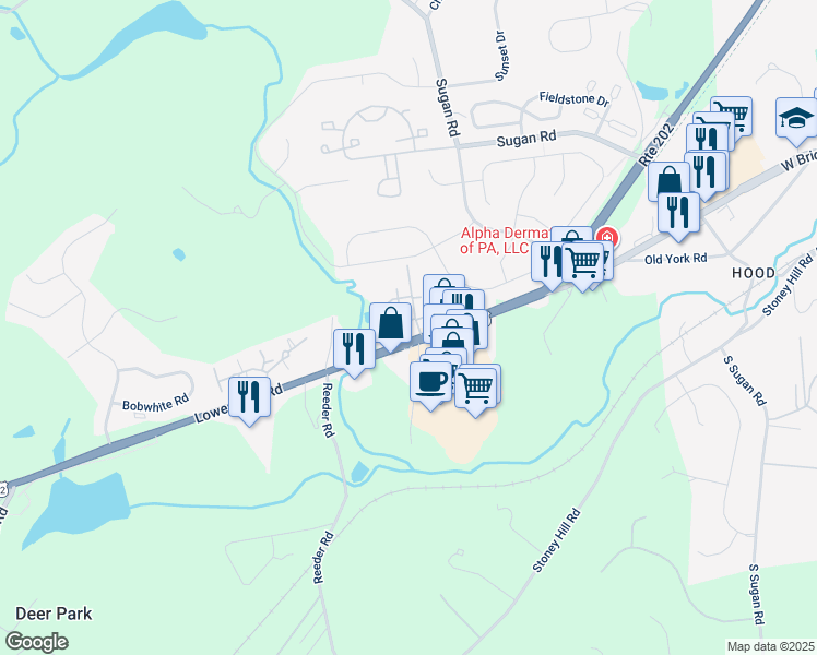 map of restaurants, bars, coffee shops, grocery stores, and more near 6534 Shire Drive in New Hope