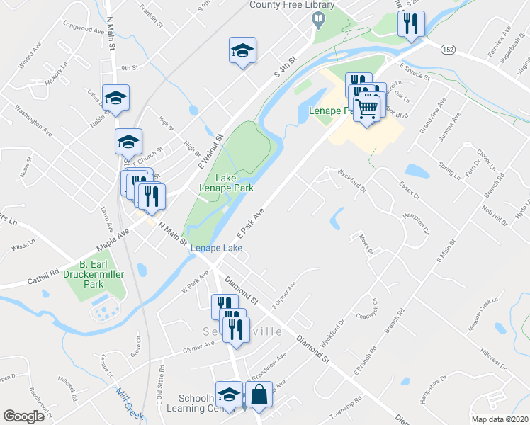 map of restaurants, bars, coffee shops, grocery stores, and more near 250 East Park Avenue in Sellersville