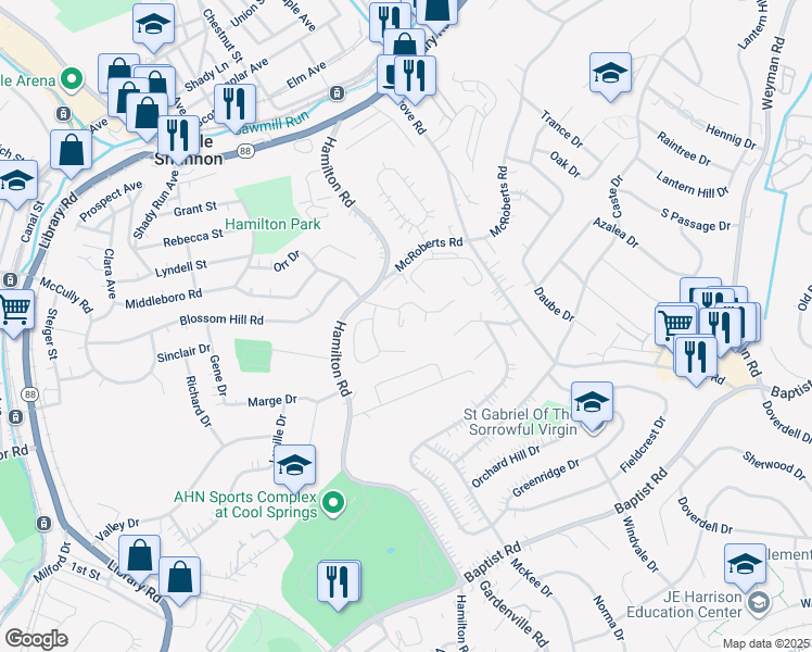map of restaurants, bars, coffee shops, grocery stores, and more near 299 Middleboro Road in Pittsburgh