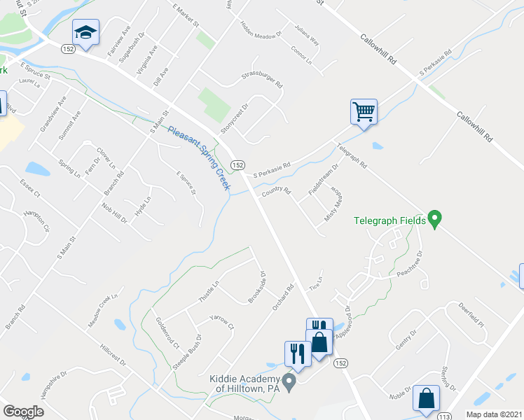map of restaurants, bars, coffee shops, grocery stores, and more near East Walnut Street in Perkasie