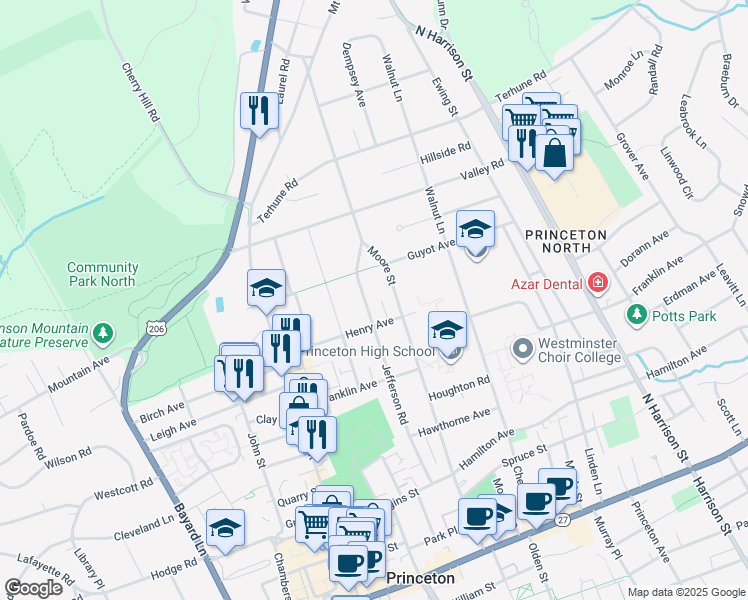 map of restaurants, bars, coffee shops, grocery stores, and more near 169 Jefferson Road in Princeton