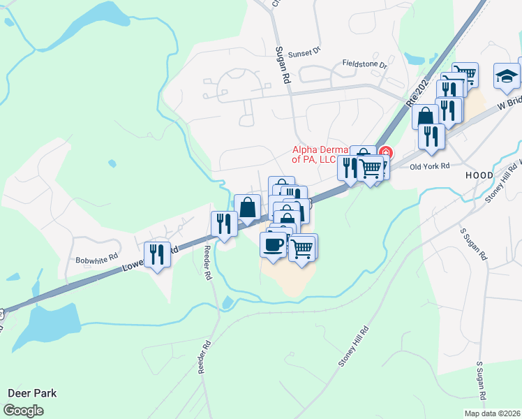 map of restaurants, bars, coffee shops, grocery stores, and more near 6534 Shire Drive in New Hope