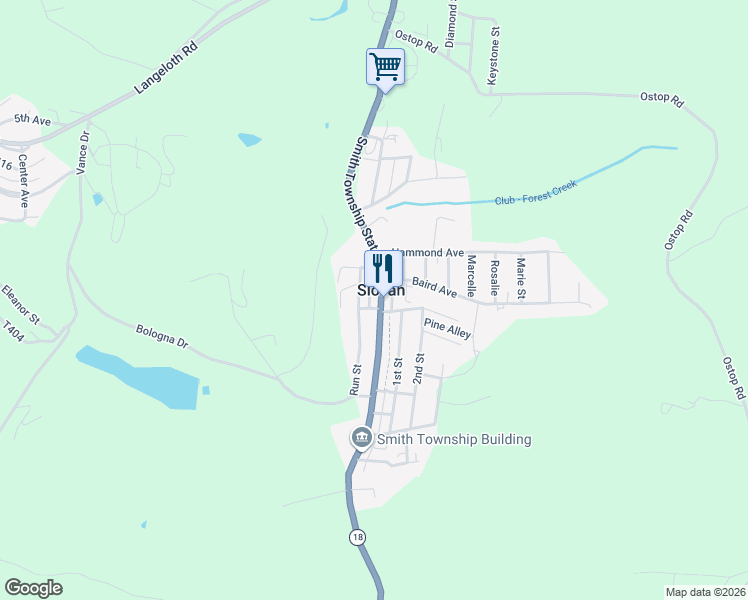 map of restaurants, bars, coffee shops, grocery stores, and more near 1923 Smith Township State Road in Slovan