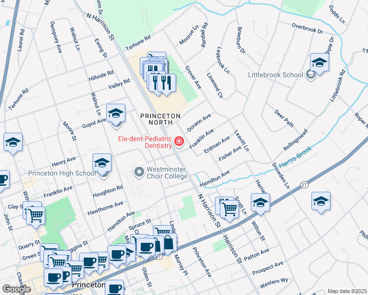 map of restaurants, bars, coffee shops, grocery stores, and more near 312 Franklin Avenue in Princeton