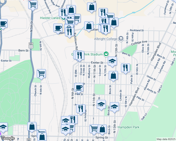 map of restaurants, bars, coffee shops, grocery stores, and more near 1610 Mulberry Street in Reading