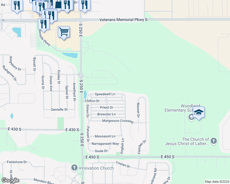 map of restaurants, bars, coffee shops, grocery stores, and more near 2720 Speedwell Lane in Lafayette