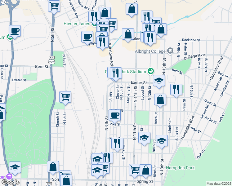map of restaurants, bars, coffee shops, grocery stores, and more near 938 Union Street in Reading
