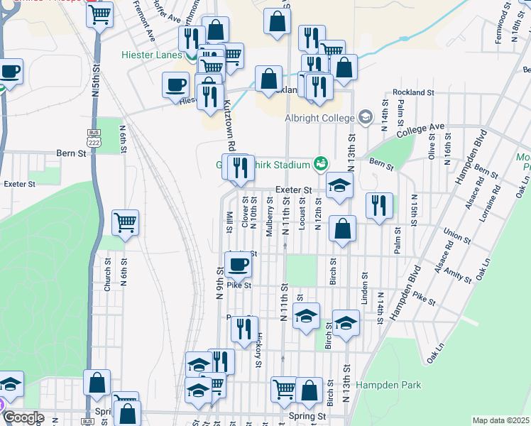 map of restaurants, bars, coffee shops, grocery stores, and more near 1610 Mulberry Street in Reading