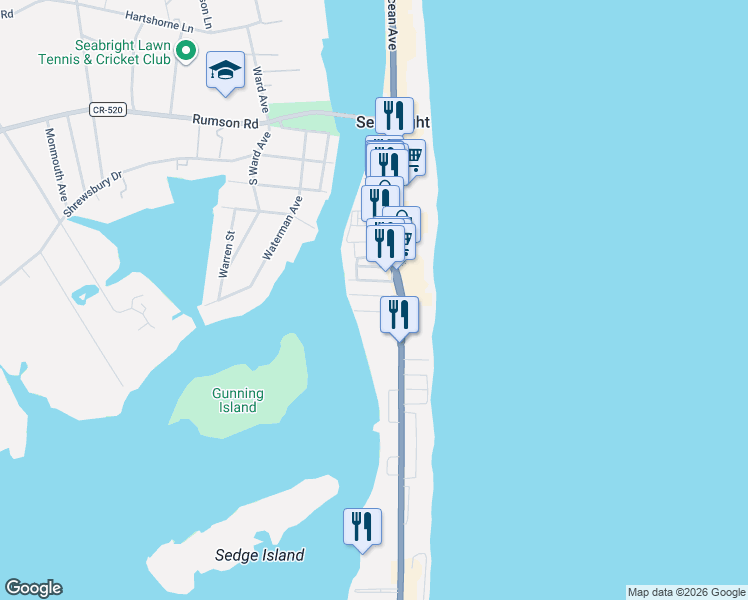 map of restaurants, bars, coffee shops, grocery stores, and more near 1184 Ocean Avenue in Sea Bright