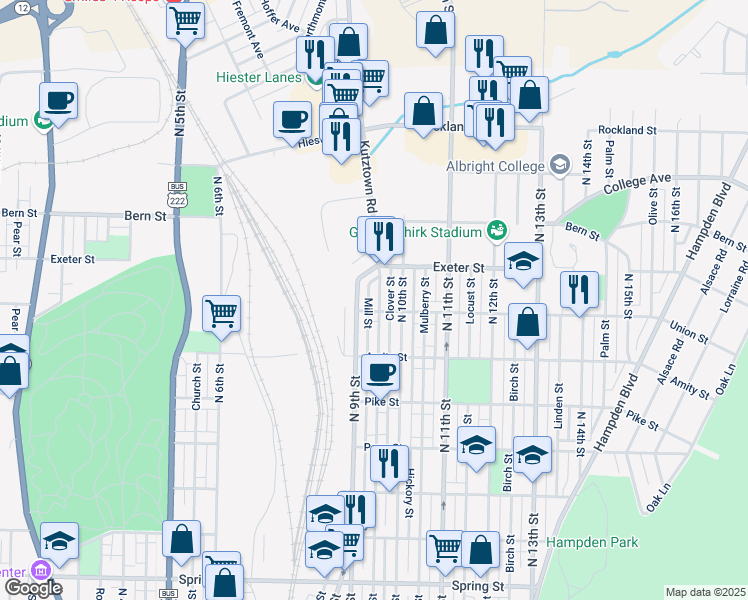 map of restaurants, bars, coffee shops, grocery stores, and more near 938 Union Street in Reading
