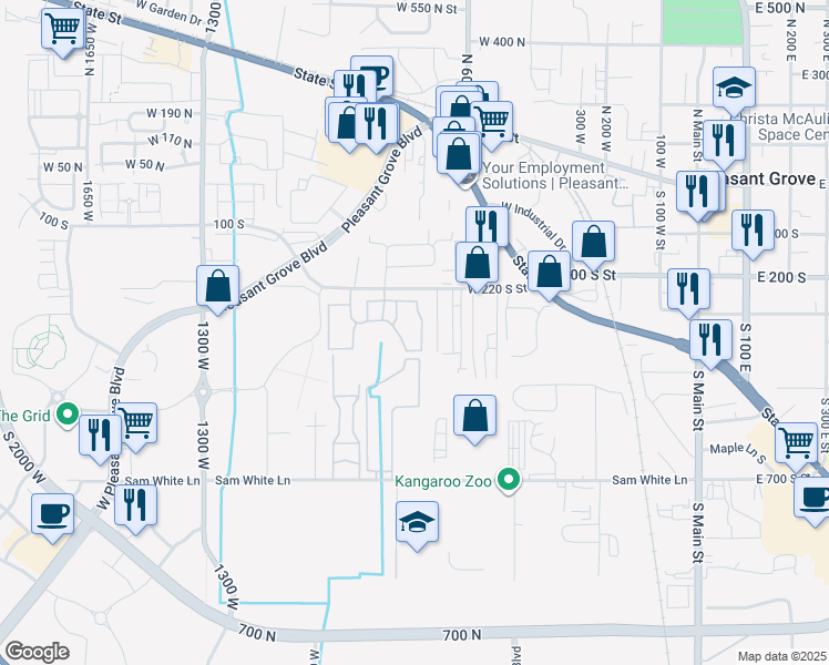 map of restaurants, bars, coffee shops, grocery stores, and more near 344 South 740 West in Pleasant Grove