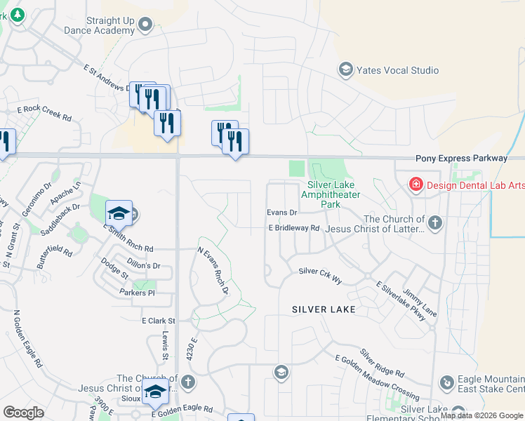 map of restaurants, bars, coffee shops, grocery stores, and more near 7829 Silver Ranch Road in Eagle Mountain