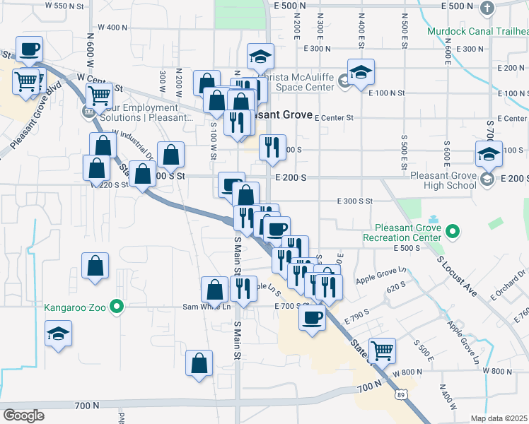 map of restaurants, bars, coffee shops, grocery stores, and more near 332 South 100 East in Pleasant Grove