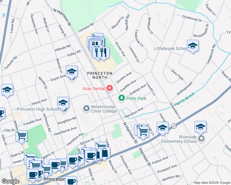 map of restaurants, bars, coffee shops, grocery stores, and more near 320 Franklin Avenue in Princeton