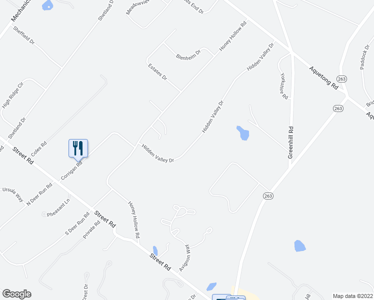 map of restaurants, bars, coffee shops, grocery stores, and more near 6055 Hidden Valley Drive in Doylestown