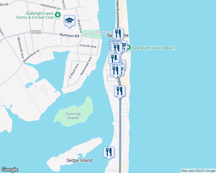 map of restaurants, bars, coffee shops, grocery stores, and more near 1184 Ocean Avenue in Sea Bright