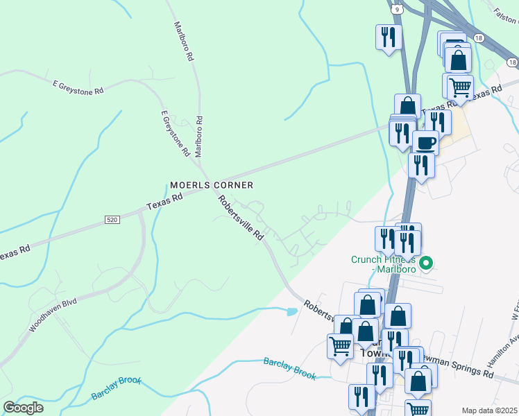 map of restaurants, bars, coffee shops, grocery stores, and more near 2 Daly Court in Old Bridge Township