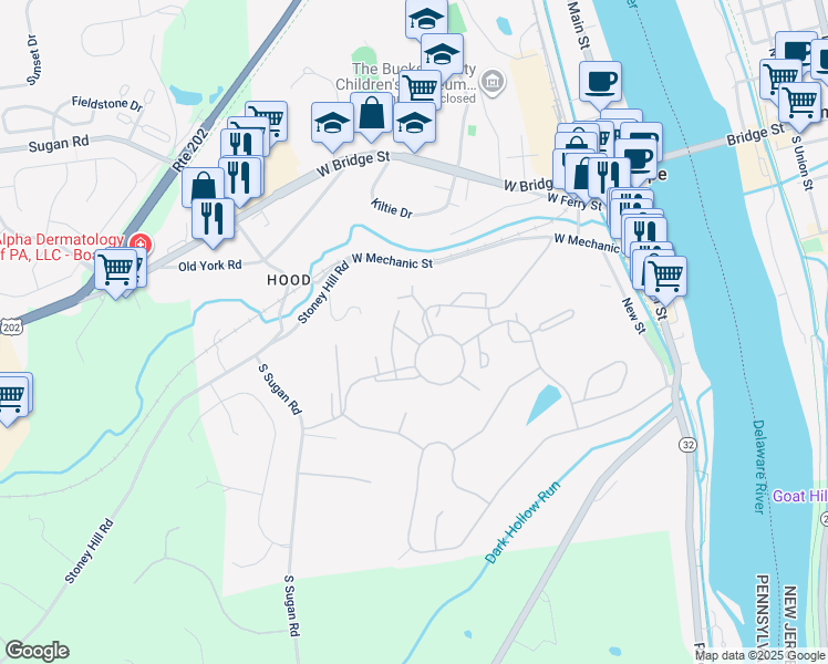 map of restaurants, bars, coffee shops, grocery stores, and more near 50 Darien in New Hope