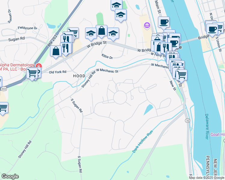 map of restaurants, bars, coffee shops, grocery stores, and more near 50 Darien in New Hope