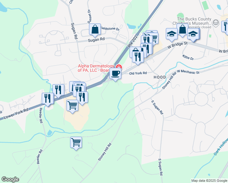 map of restaurants, bars, coffee shops, grocery stores, and more near 419 York Road in New Hope