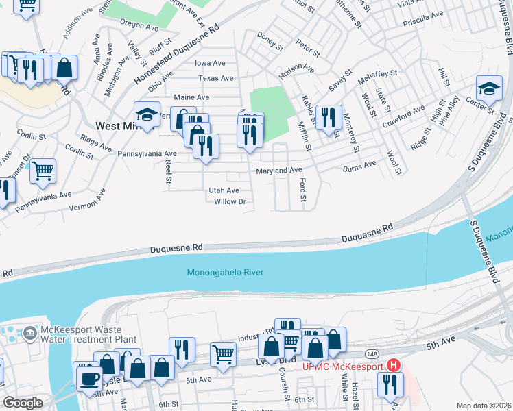 map of restaurants, bars, coffee shops, grocery stores, and more near 711 Willow Drive in West Mifflin