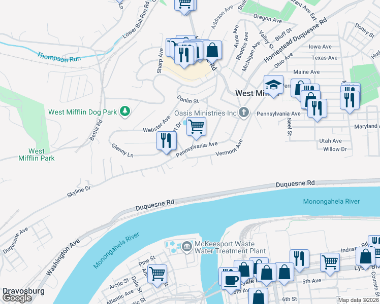 map of restaurants, bars, coffee shops, grocery stores, and more near 2409 Vermont Avenue in West Mifflin