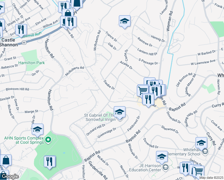 map of restaurants, bars, coffee shops, grocery stores, and more near 5109 Caste Drive in Pittsburgh