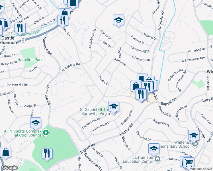 map of restaurants, bars, coffee shops, grocery stores, and more near 5109 Caste Drive in Pittsburgh