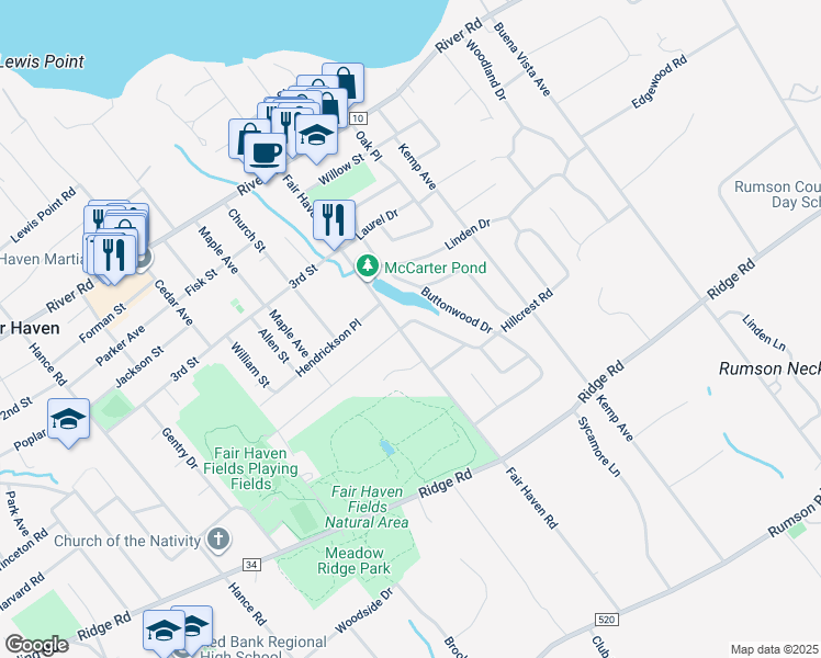 map of restaurants, bars, coffee shops, grocery stores, and more near 9 Dogwood Lane in Fair Haven