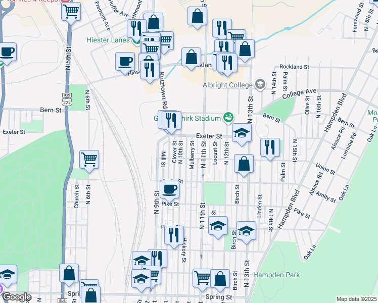 map of restaurants, bars, coffee shops, grocery stores, and more near 1614 Mulberry Street in Reading