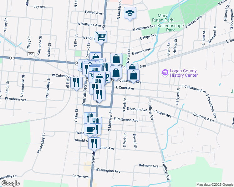 map of restaurants, bars, coffee shops, grocery stores, and more near in Bellefontaine