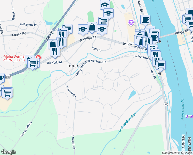 map of restaurants, bars, coffee shops, grocery stores, and more near 11 Darien in New Hope
