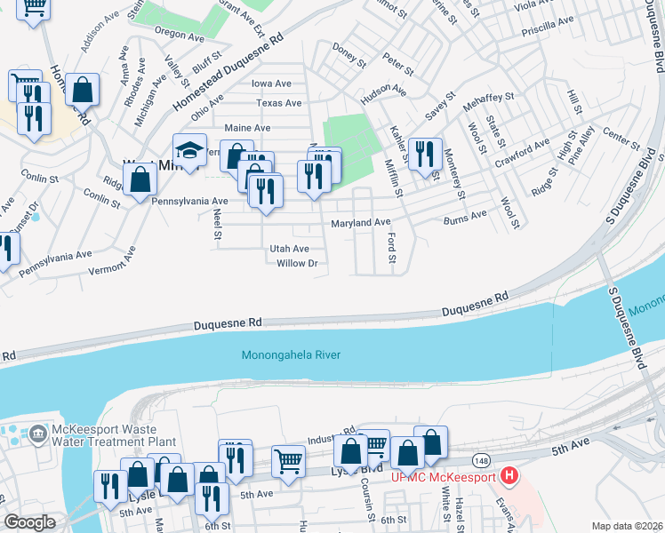 map of restaurants, bars, coffee shops, grocery stores, and more near 711 Willow Drive in West Mifflin