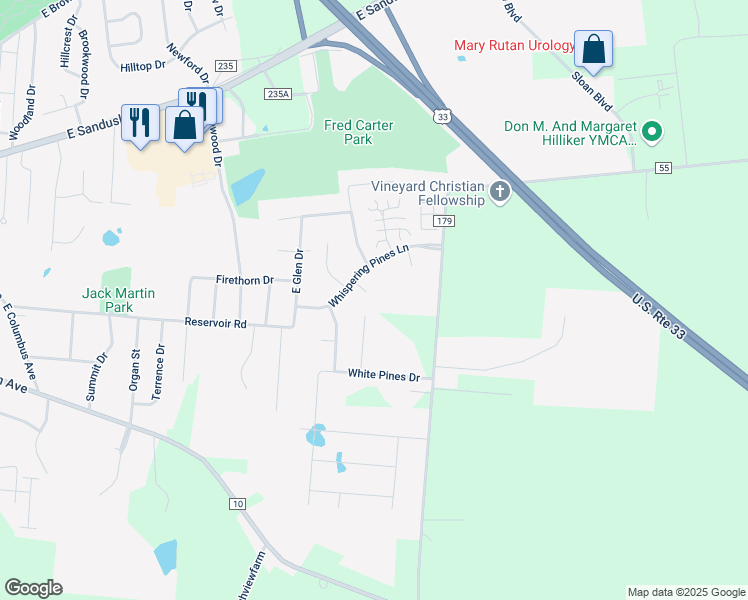 map of restaurants, bars, coffee shops, grocery stores, and more near Belle Pines Court in Bellefontaine