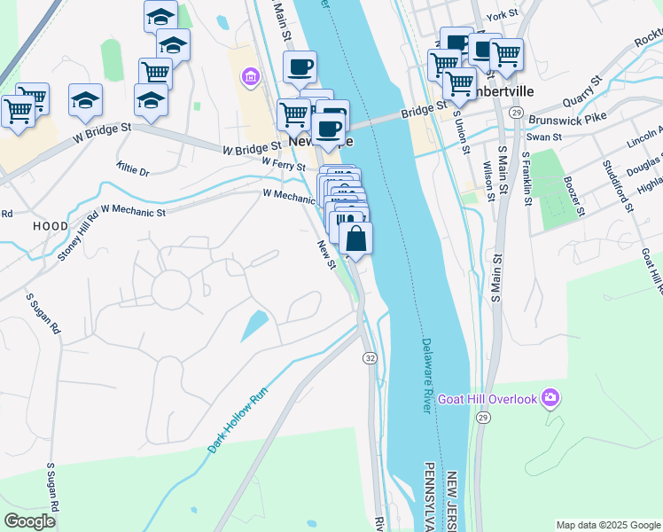 map of restaurants, bars, coffee shops, grocery stores, and more near 122 New Street in New Hope