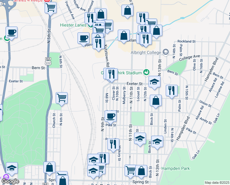map of restaurants, bars, coffee shops, grocery stores, and more near 938 Union Street in Reading