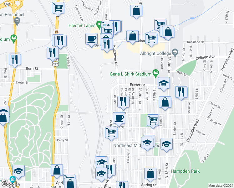map of restaurants, bars, coffee shops, grocery stores, and more near 938 Union Street in Reading