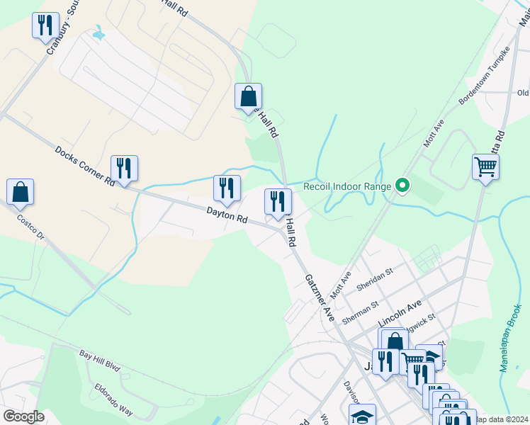map of restaurants, bars, coffee shops, grocery stores, and more near 24 Dayton Road in Jamesburg