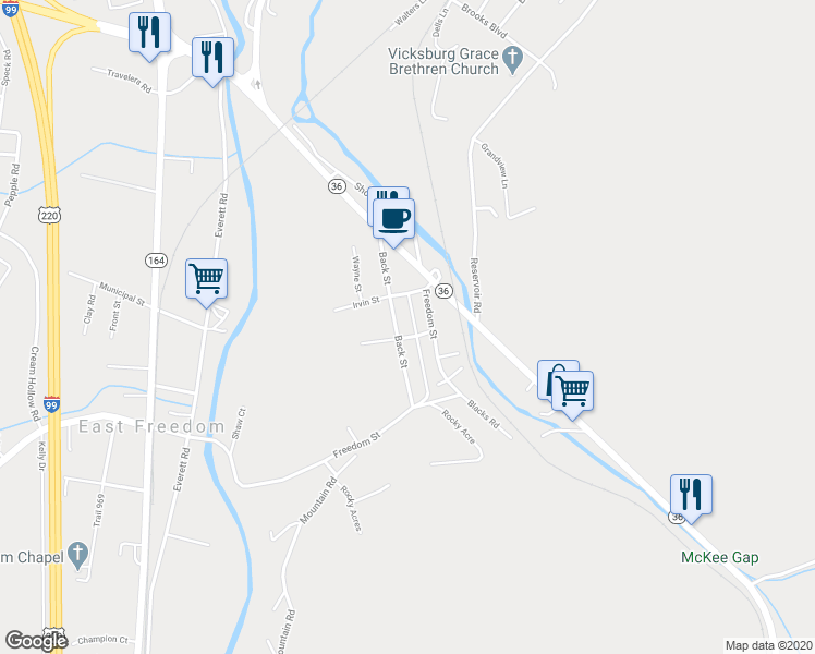 map of restaurants, bars, coffee shops, grocery stores, and more near 231 Back Street in East Freedom