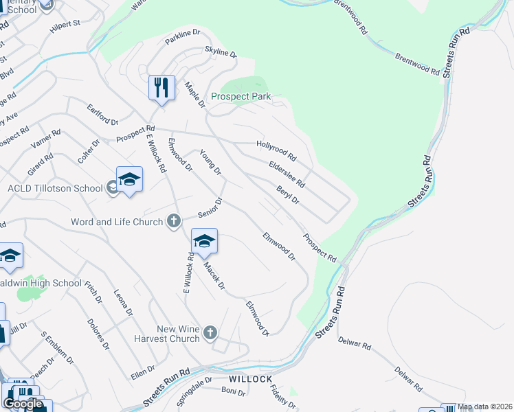 map of restaurants, bars, coffee shops, grocery stores, and more near 5048 Elmwood Drive in Pittsburgh