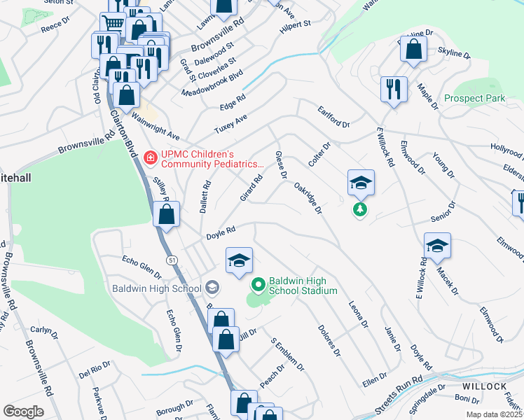 map of restaurants, bars, coffee shops, grocery stores, and more near 4761 Frich Drive in Pittsburgh