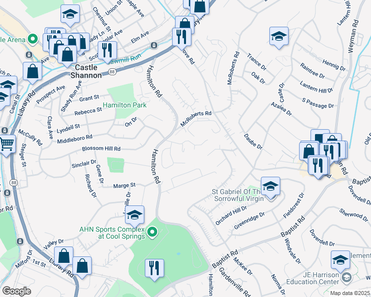 map of restaurants, bars, coffee shops, grocery stores, and more near 299 Middleboro Road in Pittsburgh