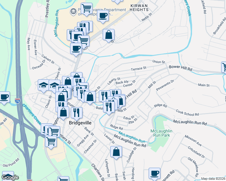 map of restaurants, bars, coffee shops, grocery stores, and more near 741 Bluff Street in Bridgeville