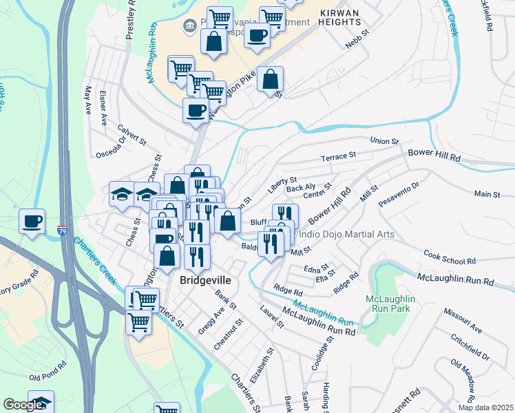 map of restaurants, bars, coffee shops, grocery stores, and more near 618 Bluff Street in Bridgeville