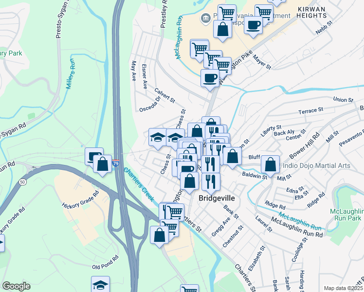 map of restaurants, bars, coffee shops, grocery stores, and more near 325 Station Street in Bridgeville