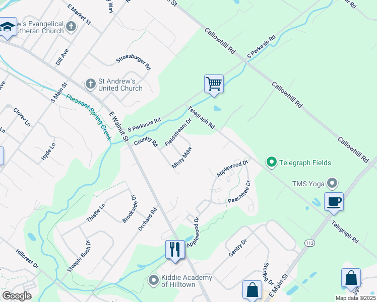 map of restaurants, bars, coffee shops, grocery stores, and more near 198 Misty Meadow in Perkasie