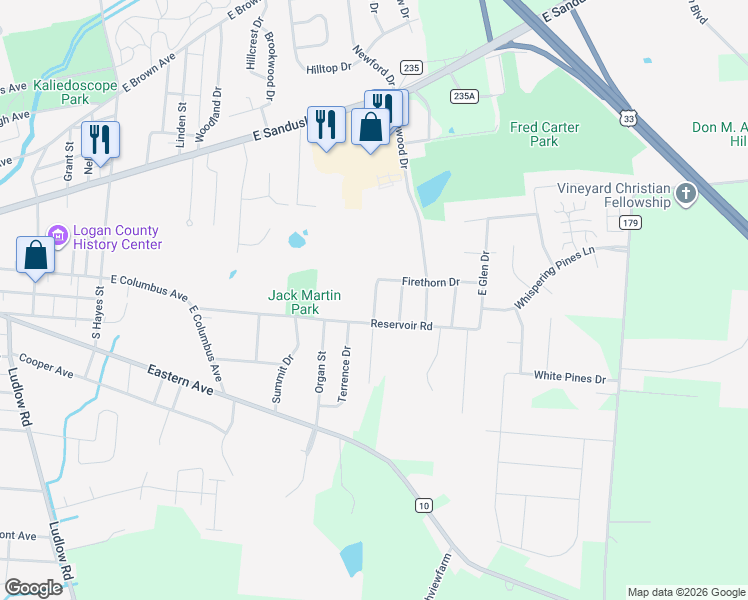map of restaurants, bars, coffee shops, grocery stores, and more near 111 Heather Hill Dr in Bellefontaine
