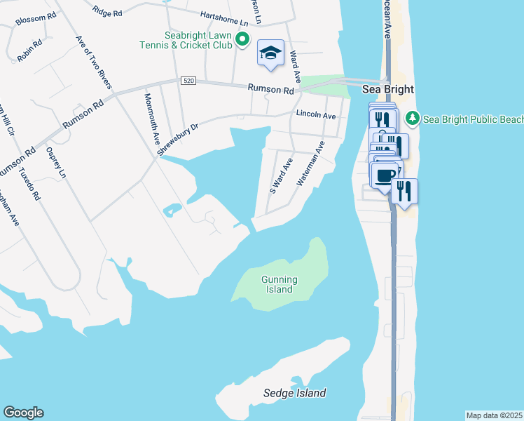 map of restaurants, bars, coffee shops, grocery stores, and more near 40 Warren Street in Rumson