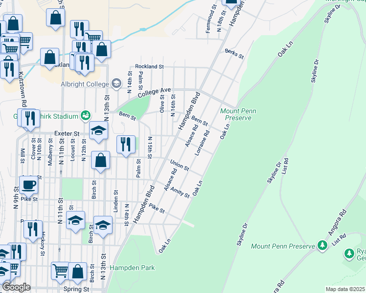 map of restaurants, bars, coffee shops, grocery stores, and more near 1614 Alsace Road in Reading