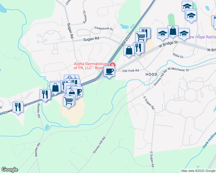 map of restaurants, bars, coffee shops, grocery stores, and more near 419 York Road in New Hope
